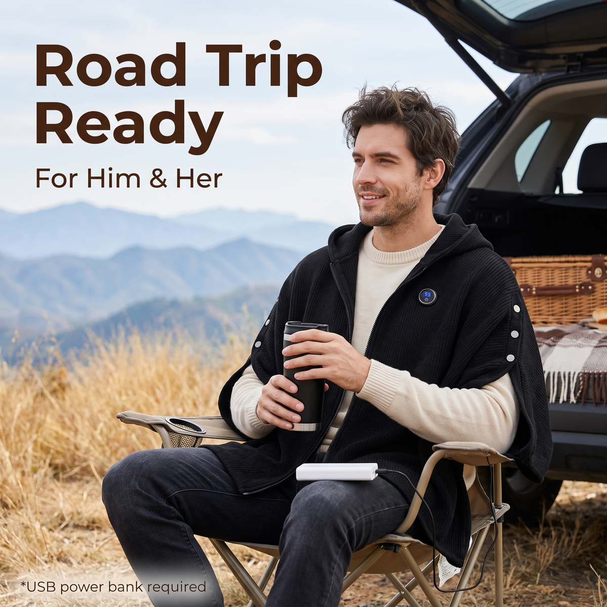 Man on a road trip wearing the Warmora heated poncho powered by a USB power bank