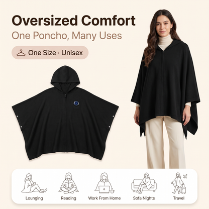 Warmora heated poncho laid flat and worn, one size unisex, uses for lounging, reading, work and travel