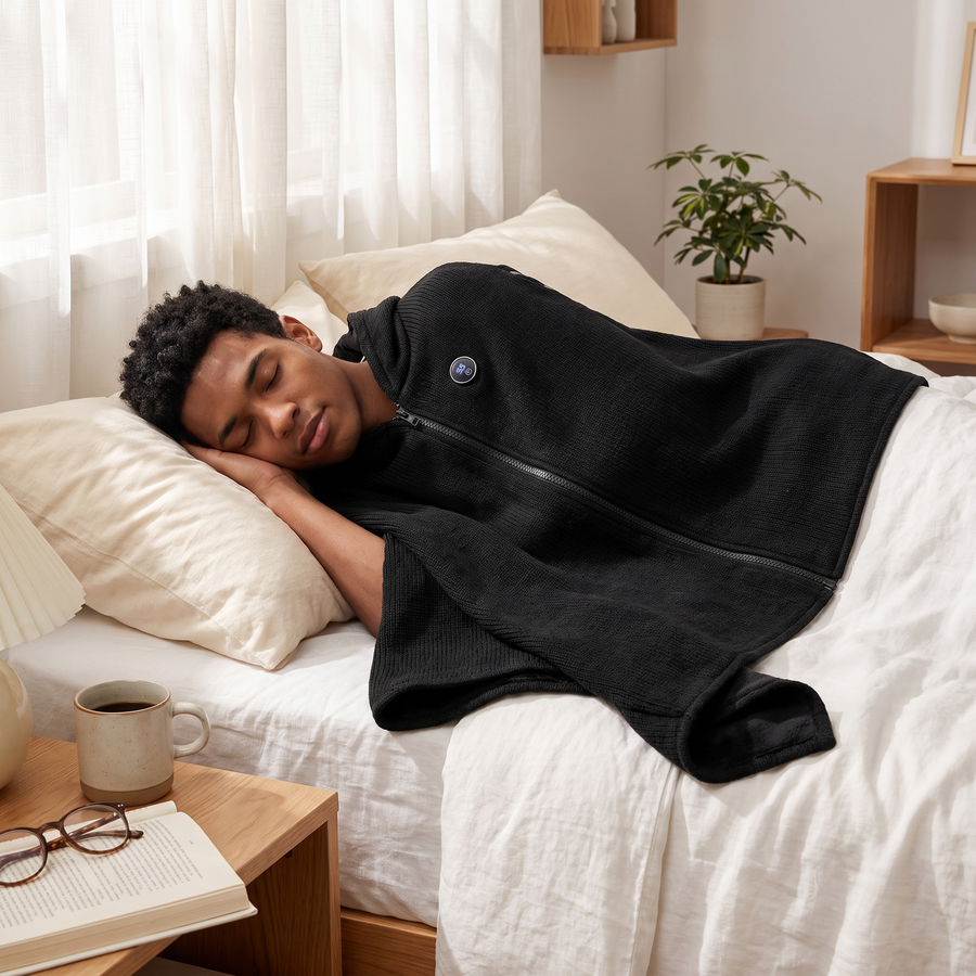 Man napping in bed under the heated poncho